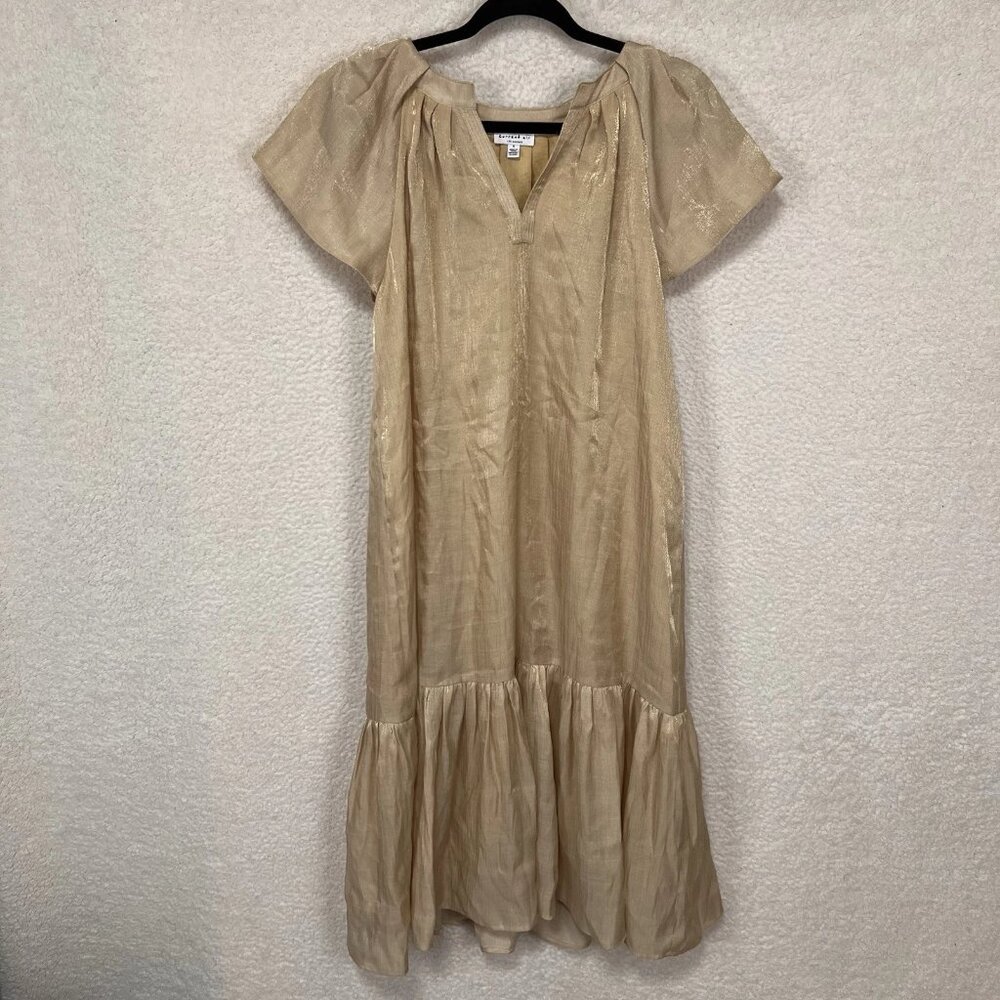 Current Air Dress Women’s S Gold Pleated Short Sleeve Midi Tiered Ruffle